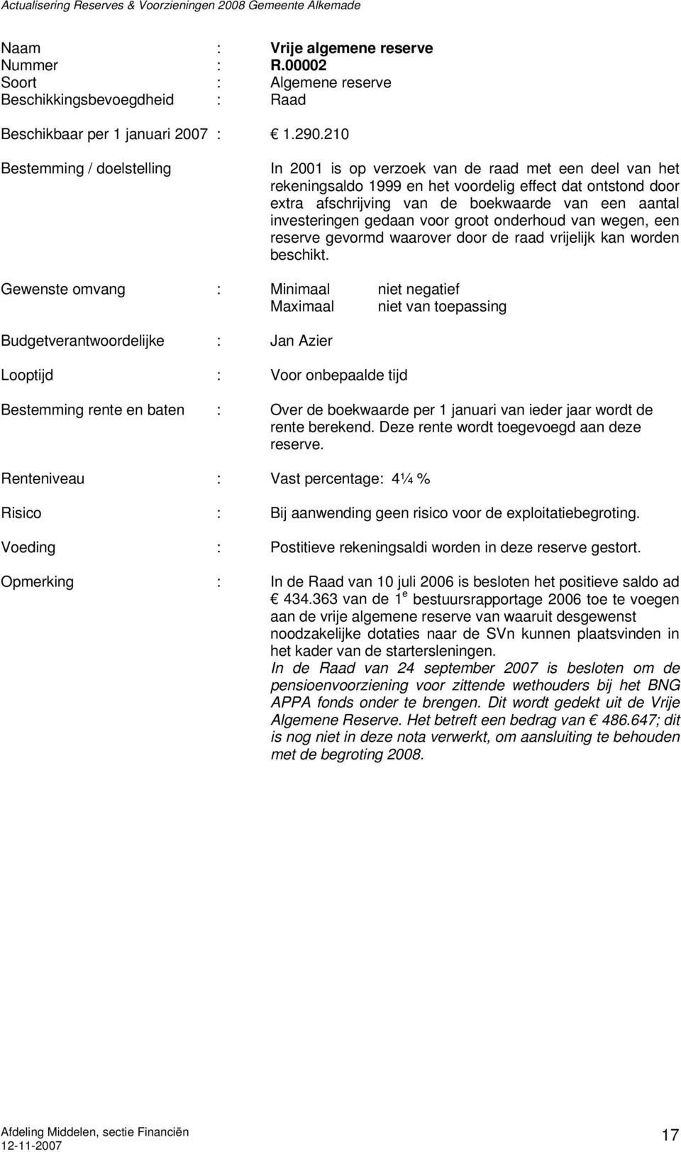 investeringen gedaan voor groot onderhoud van wegen, een reserve gevormd waarover door de raad vrijelijk kan worden beschikt.