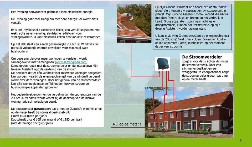 Op het dak staat een aantal gezamenlijke 2Dutch Windmillsdie per stuk voldoende energie opwekken voor minimaal twee huishoudens Om deze energie over meer woningen te verdelen, wordt samengewerkt met