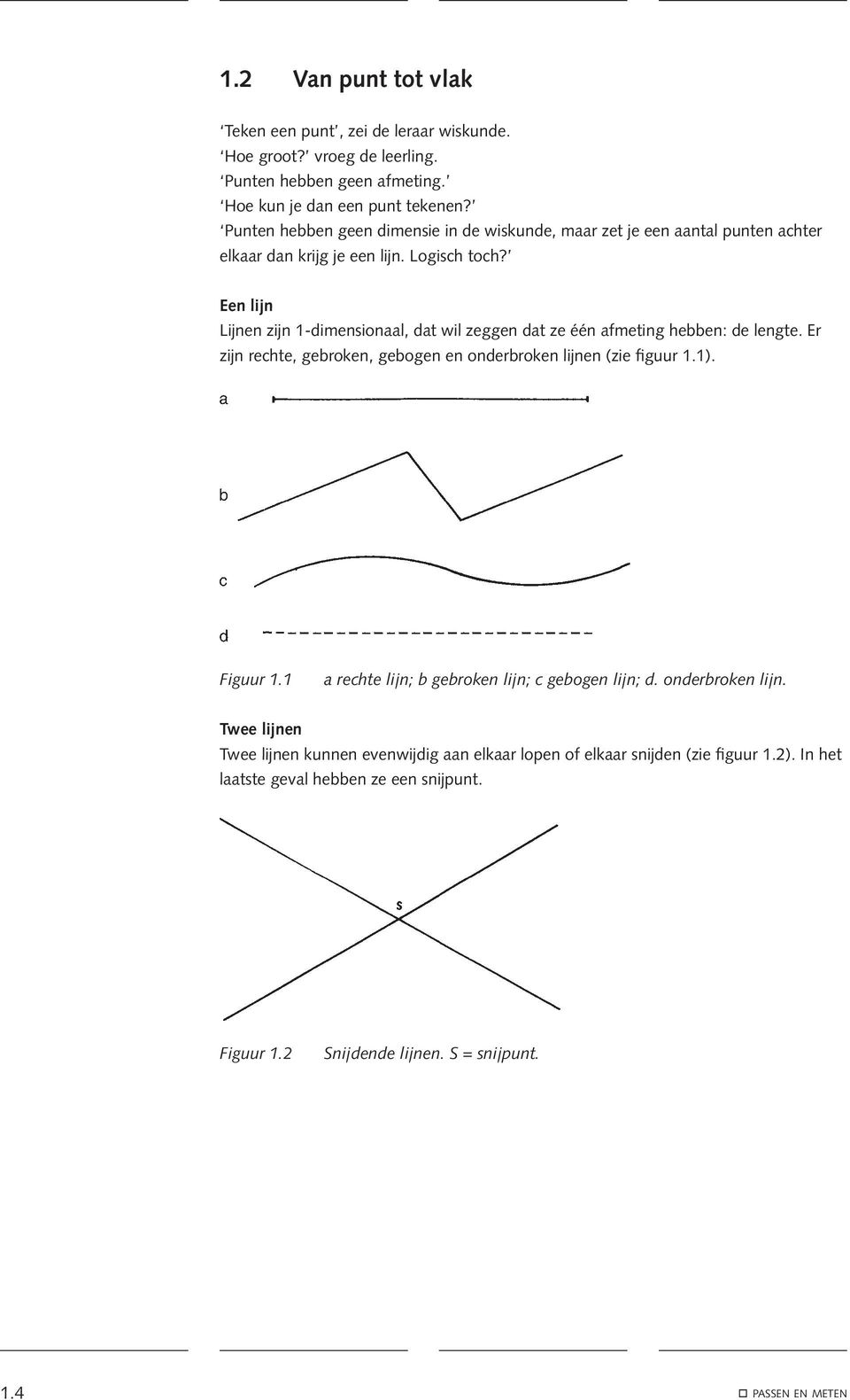 Een lijn Lijnen zijn 1-dimensionaal, dat wil zeggen dat ze één afmeting hebben: de lengte. Er zijn rechte, gebroken, gebogen en onderbroken lijnen (zie figuur 1.1). Figuur 1.