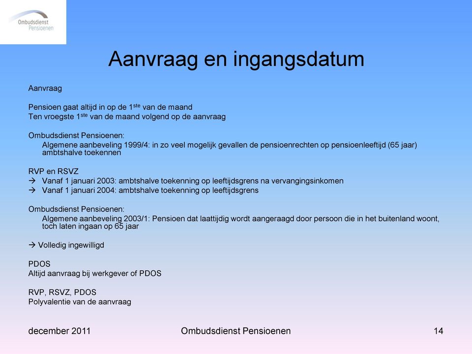 vervangingsinkomen Vanaf 1 januari 2004: ambtshalve toekenning op leeftijdsgrens Ombudsdienst Pensioenen: Algemene aanbeveling 2003/1: Pensioen dat laattijdig wordt aangeraagd door persoon