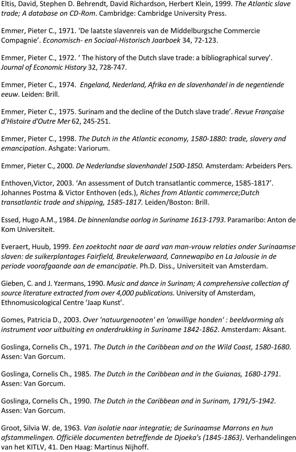 The history of the Dutch slave trade: a bibliographical survey. Journal of Economic History 32, 728-747. Emmer, Pieter C., 1974. Engeland, Nederland, Afrika en de slavenhandel in de negentiende eeuw.