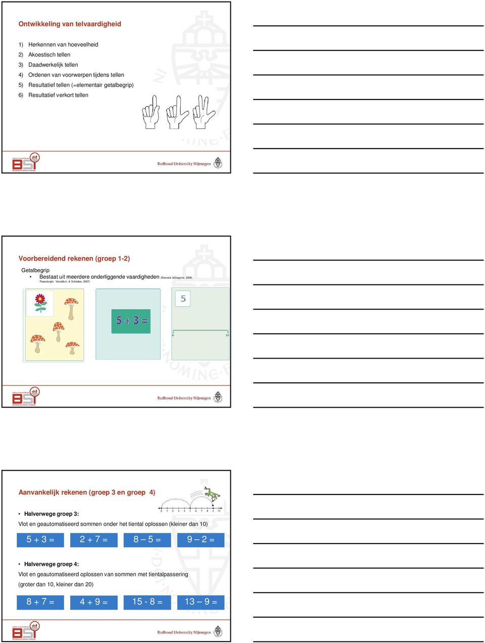 Vercelloni, & Schadee, 2007) Numerieke Logische Schatten Representaties Operaties Aanvankelijk rekenen (groep 3 en groep 4) Halverwege groep 3: Vlot en geautomatiseerd sommen onder