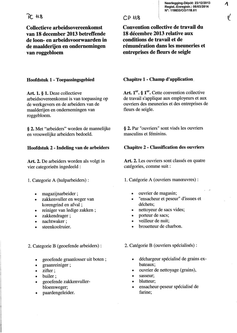 01 Convention collective de travail du 18 décembre 2013 relative aux conditions de travail et de rémunération dans les meuneries et entreprises de fleurs de seigle Hoofdstuk 1- Toepassingsgebied Art.