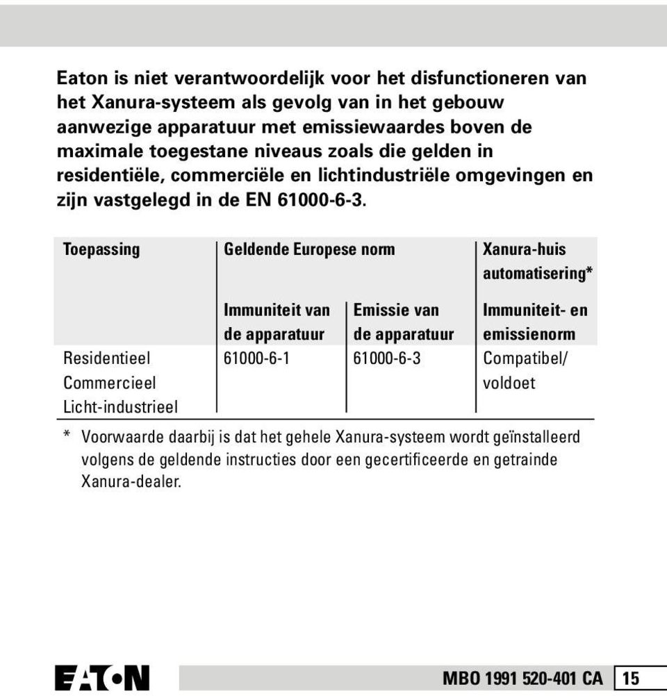Toepassing Geldende Europese norm Xanura-huis automatisering* Immuniteit van Emissie van Immuniteit- en de apparatuur de apparatuur emissienorm Residentieel 61000-6-1 61000-6-3
