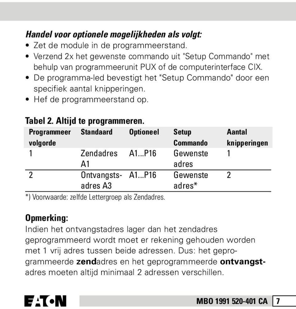 De programma-led bevestigt het "Setup Commando" door een specifiek aantal knipperingen. Hef de programmeerstand op. Tabel 2. Altijd te programmeren.