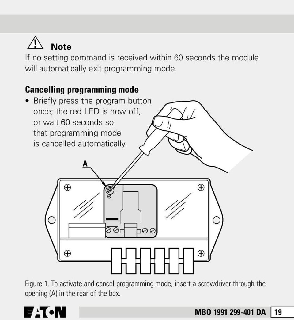 Cancelling programming mode Briefly press the program button once; the red LED is now off, or wait 60