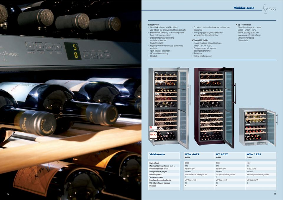 rails uittrekbare plateaus van acaciahout Trillingsvrij opgehangen compressoren Verwisselbare deurscharniering WT(es) 477 Vinidor apart regelbare temperatuurzones, tussen + C en +20 C Stanggreep met