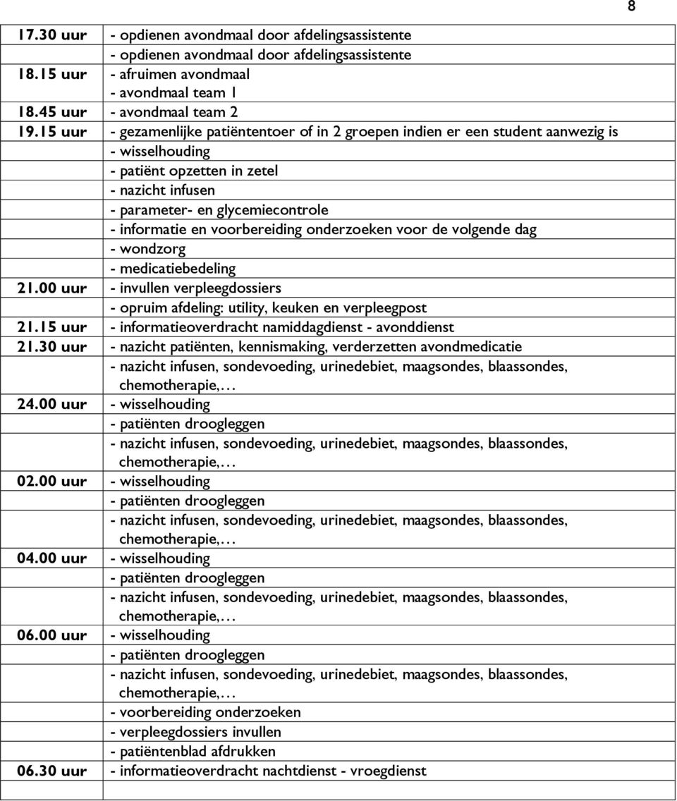 voorbereiding onderzoeken voor de volgende dag - wondzorg - medicatiebedeling 21.00 uur - invullen verpleegdossiers - opruim afdeling: utility, keuken en verpleegpost 21.