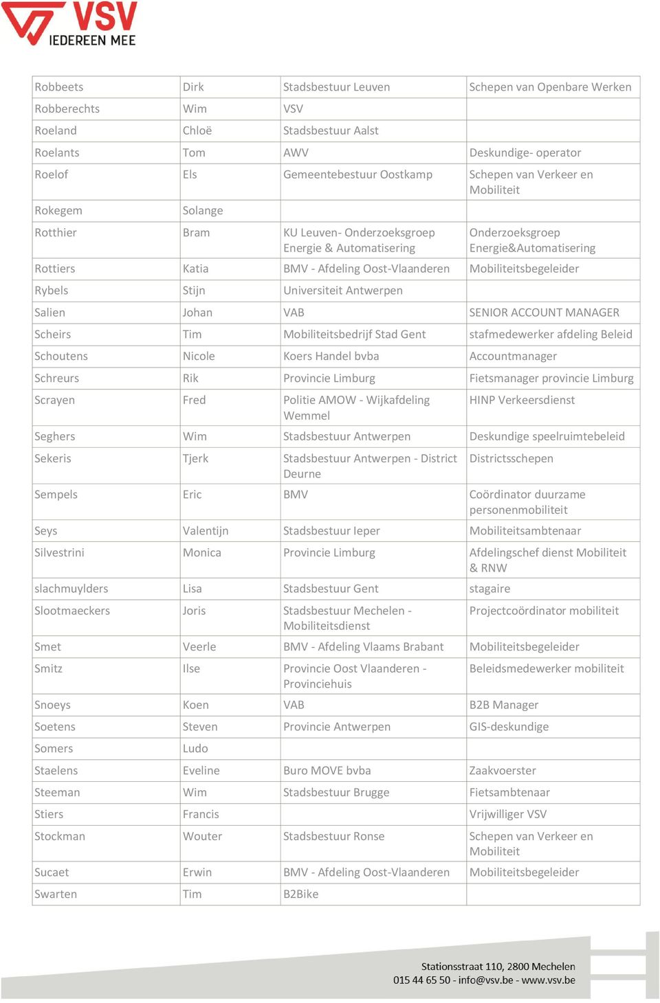 Mobiliteitsbegeleider Rybels Stijn Universiteit Antwerpen Salien Johan VAB SENIOR ACCOUNT MANAGER Scheirs Tim Mobiliteitsbedrijf Stad stafmedewerker afdeling Beleid Schoutens Nicole Koers Handel bvba