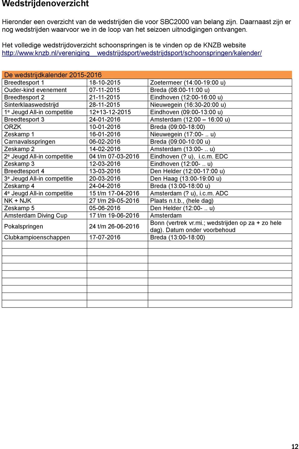 nl/vereniging wedstrijdsport/wedstrijdsport/schoonspringen/kalender/ De wedstrijdkalender 2015-2016 Breedtesport 1 18-10-2015 Zoetermeer (14:00-19:00 u) Ouder-kind evenement 07-11-2015 Breda
