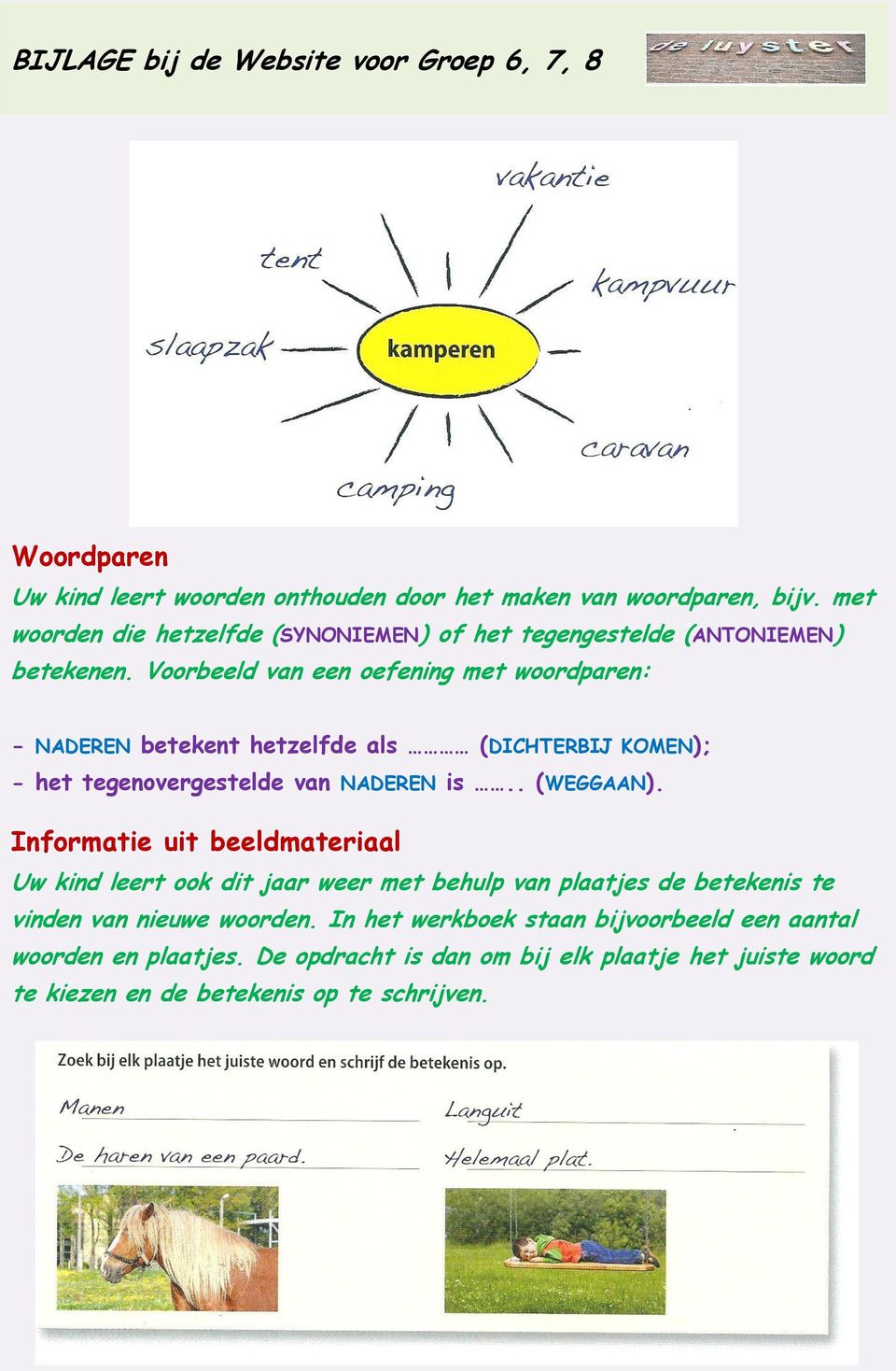 Voorbeeld van een oefening met woordparen: - NADEREN betekent hetzelfde als (DICHTERBIJ KOMEN); - het tegenovergestelde van NADEREN is.. (WEGGAAN).