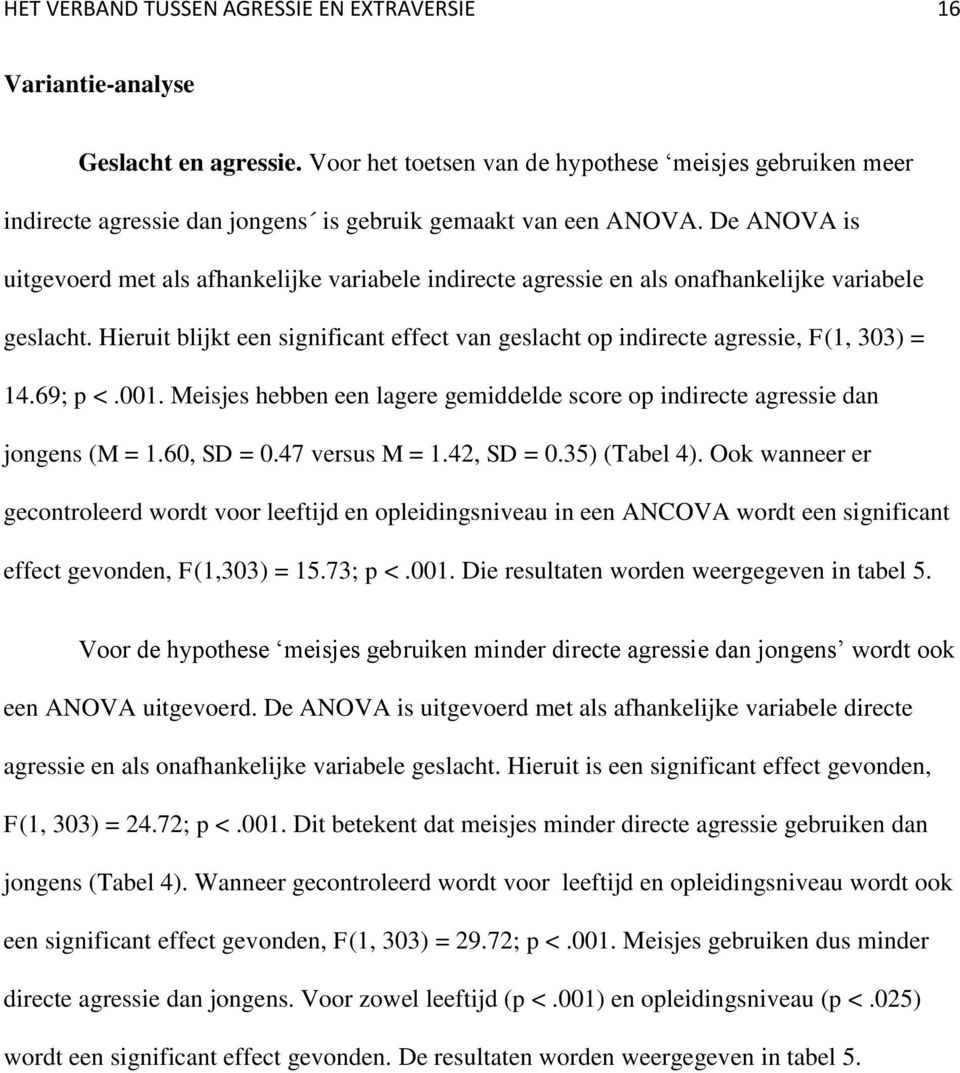 De ANOVA is uitgevoerd met als afhankelijke variabele indirecte agressie en als onafhankelijke variabele geslacht.