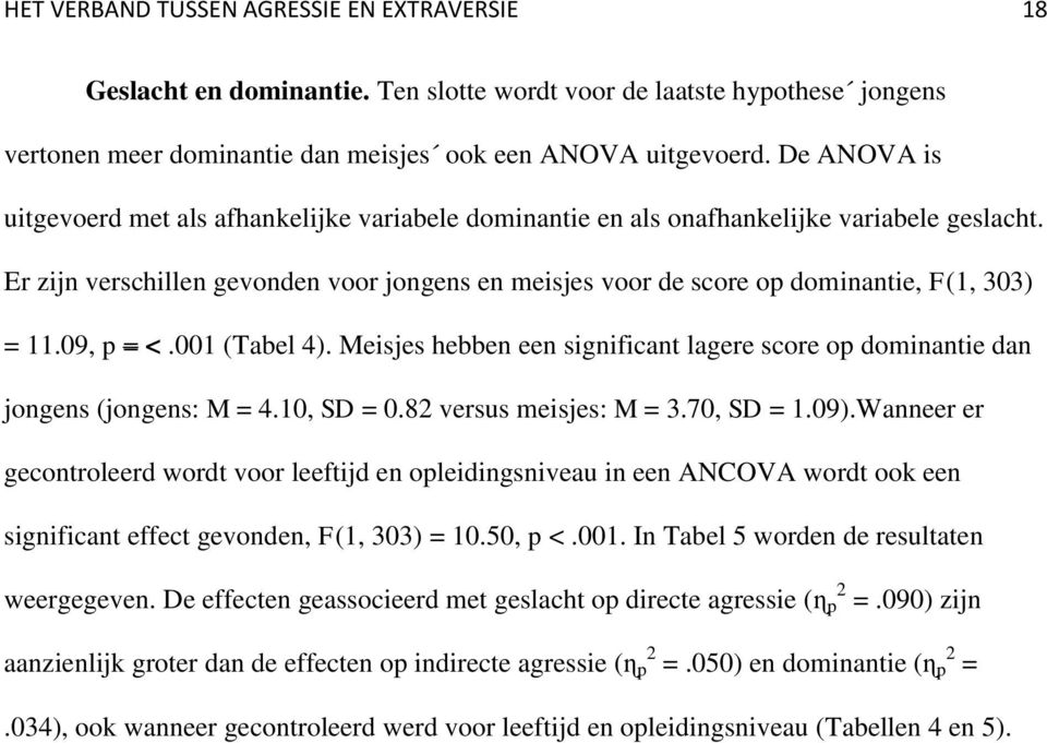 Er zijn verschillen gevonden voor jongens en meisjes voor de score op dominantie, F(1, 303) = 11.09, p = <.001 (Tabel 4).