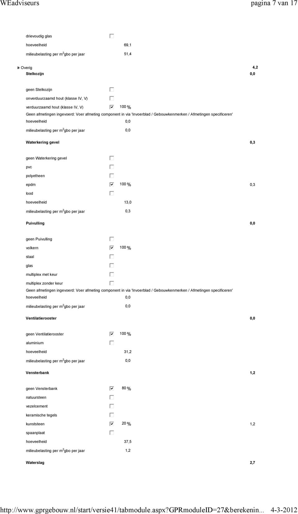 epdm 100 % 0,3 lood hoeveelheid 13,0 milieubelasting per m 2 gbo per jaar 0,3 Puivulling 0,0 geen Puivulling volkern 100 % glas multiplex met keur multiplex zonder keur Geen afmetingen ingevoerd: