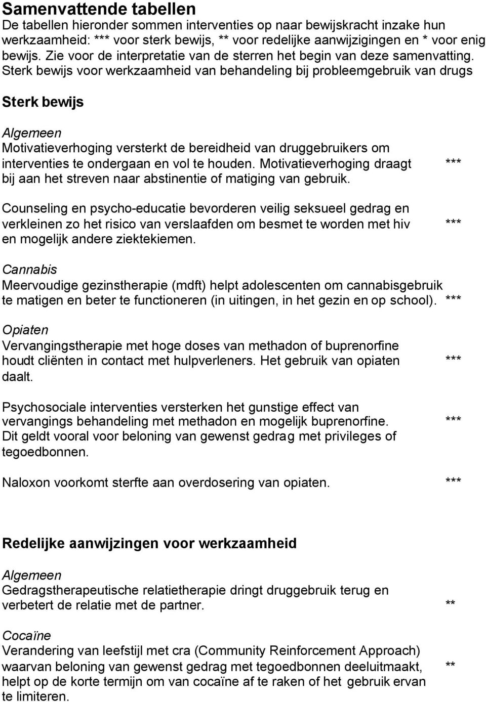 Sterk bewijs voor werkzaamheid van behandeling bij probleemgebruik van drugs Sterk bewijs Algemeen Motivatieverhoging versterkt de bereidheid van druggebruikers om interventies te ondergaan en vol te