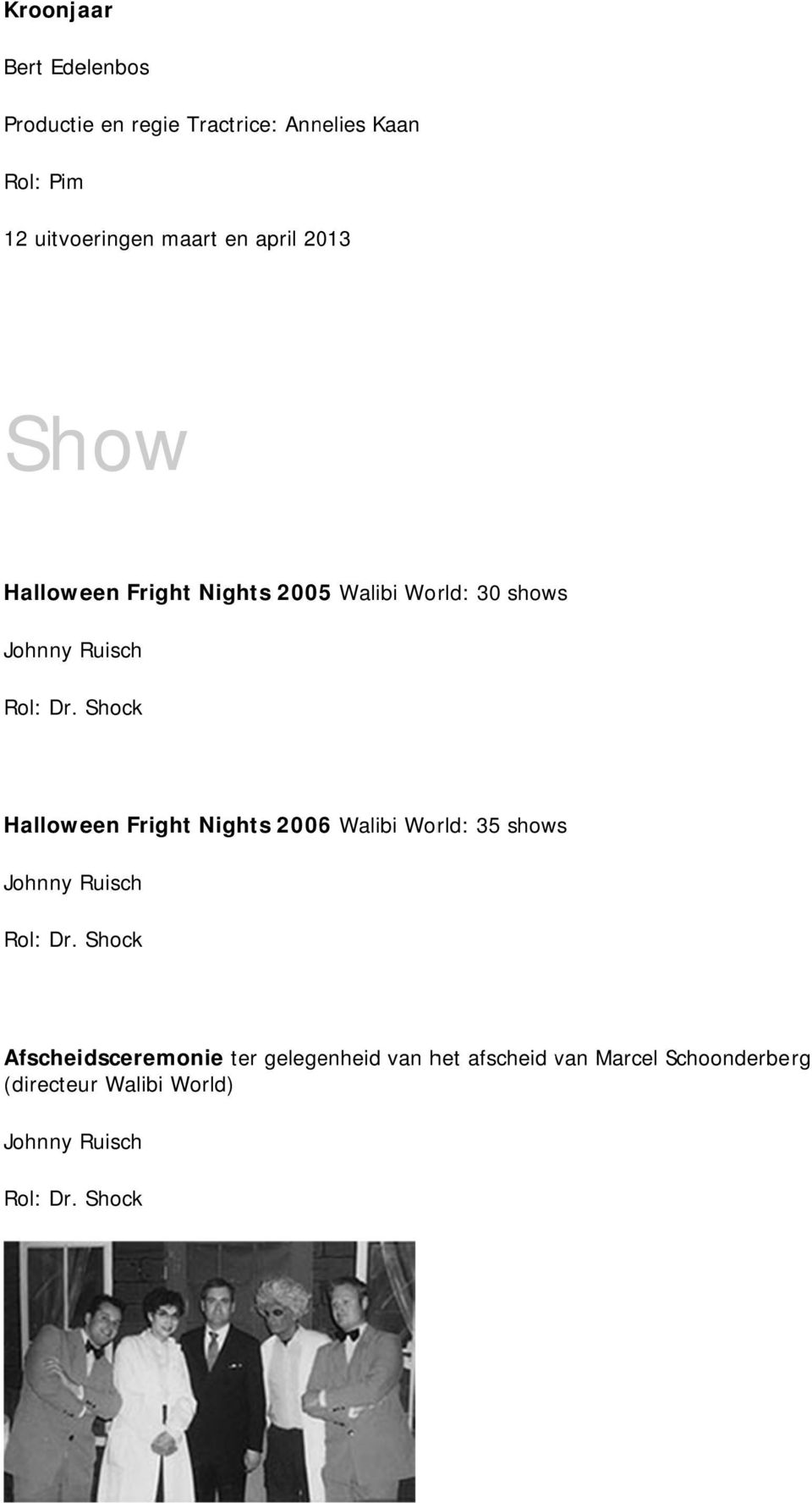 Shock Halloween Fright Nights 2006 Walibi World: 35 shows Johnny Ruisch Rol: Dr.