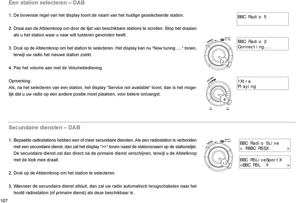 tonen, terwijl uw radio het nieuwe station zoekt. BBC Radio 5 BBC Radio 2 Connecting... 4. Pas het volume aan met de Volumebediening.