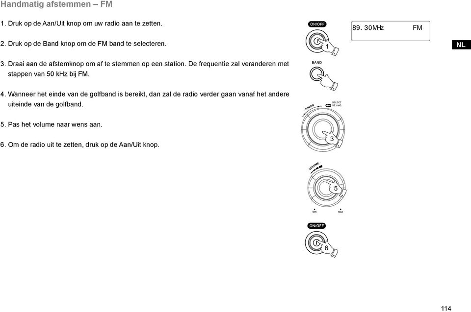 De frequentie zal veranderen met stappen van 50 khz bij FM. 4.