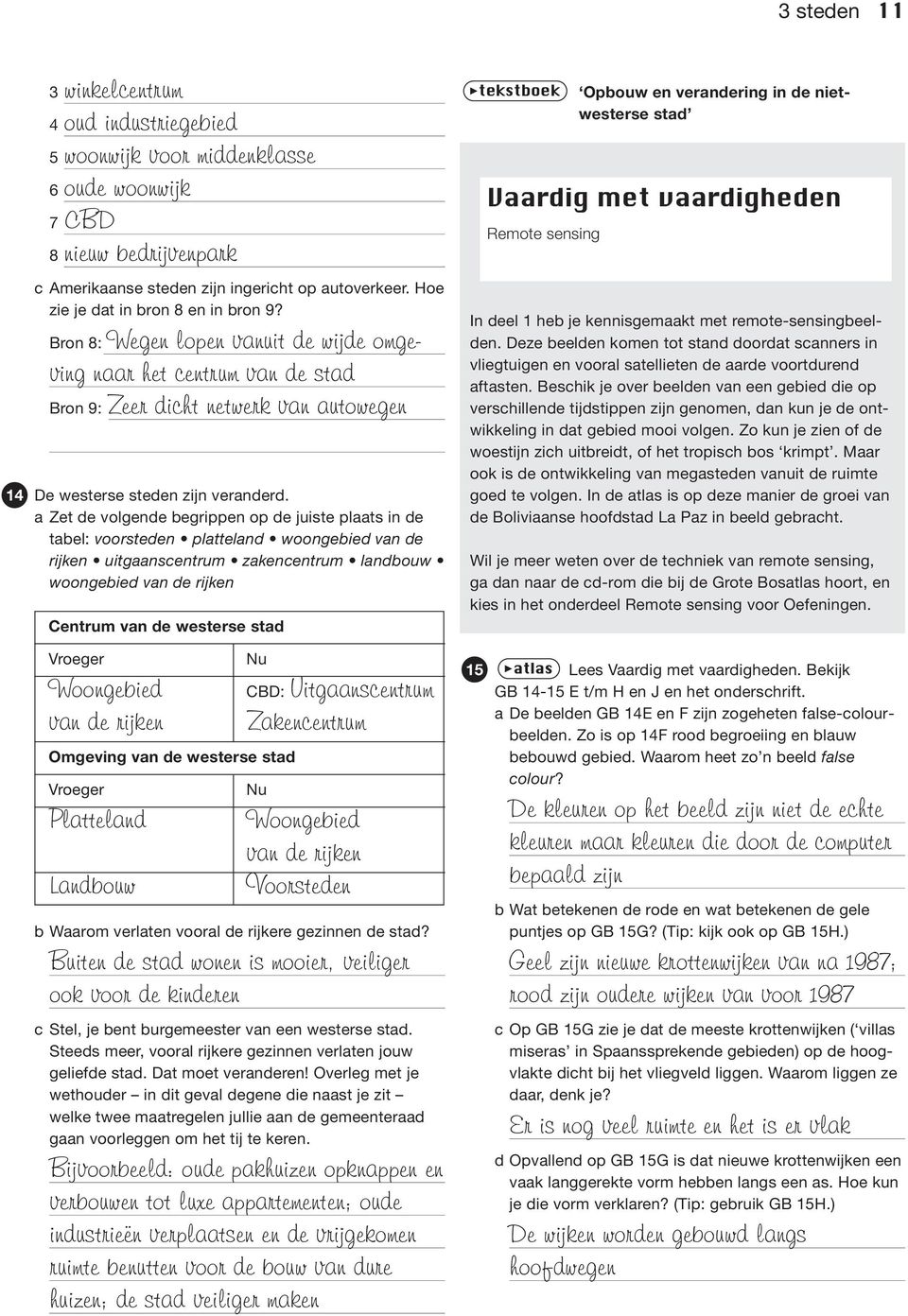 a Zet de volgende begrippen op de juiste plaats in de tabel: voorsteden platteland woongebied van de rijken uitgaanscentrum zakencentrum landbouw woongebied van de rijken Centrum van de westerse stad