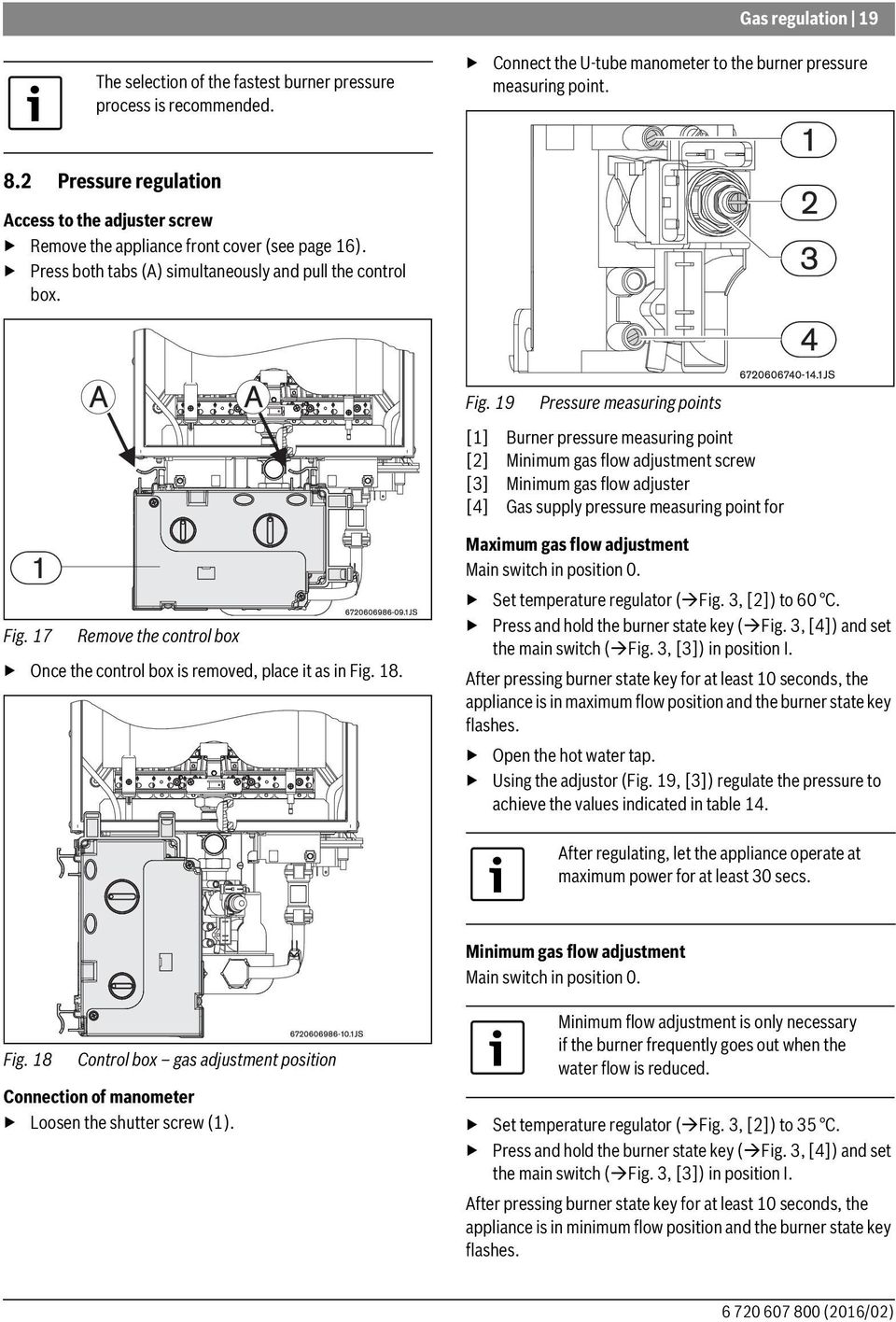 19 Pressure measuring points [1] Burner pressure measuring point [2] Minimum gas flow adjustment screw [3] Minimum gas flow adjuster [4] Gas supply pressure measuring point for Fig.