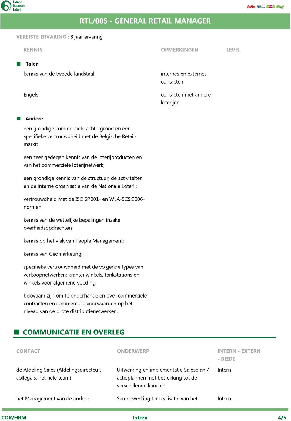 de activiteiten en de interne organisatie van de Nationale Loterij; vertrouwdheid met de ISO 27001- en WLA-SCS:2006- normen; kennis van de wettelijke bepalingen inzake overheidsopdrachten; kennis op