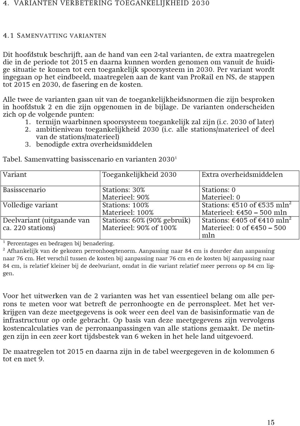 te komen tot een toegankelijk spoorsysteem in 2030. Per variant wordt ingegaan op het eindbeeld, maatregelen aan de kant van ProRail en NS, de stappen tot 2015 en 2030, de fasering en de kosten.