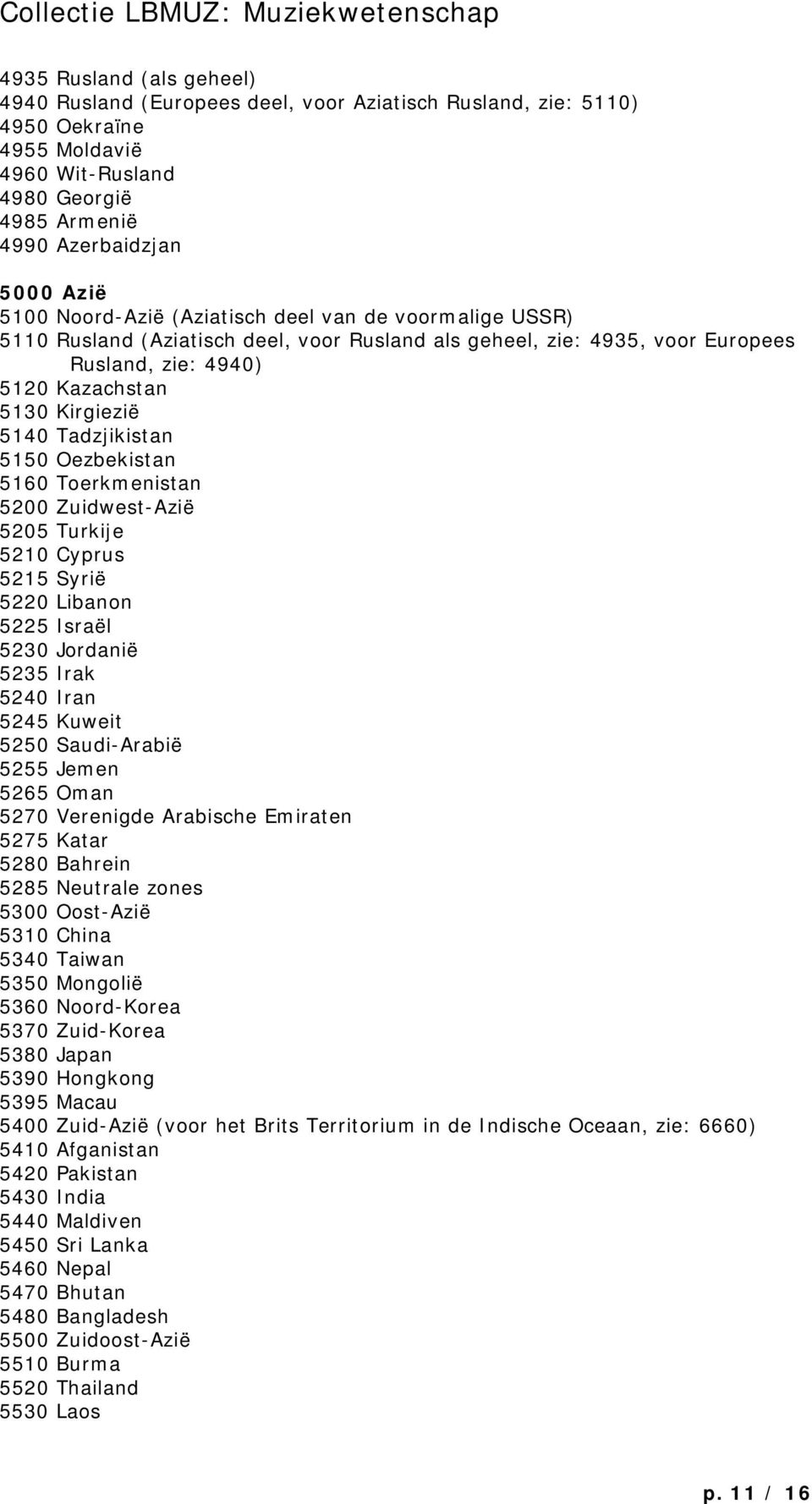 5150 Oezbekistan 5160 Toerkmenistan 5200 Zuidwest-Azië 5205 Turkije 5210 Cyprus 5215 Syrië 5220 Libanon 5225 Israël 5230 Jordanië 5235 Irak 5240 Iran 5245 Kuweit 5250 Saudi-Arabië 5255 Jemen 5265