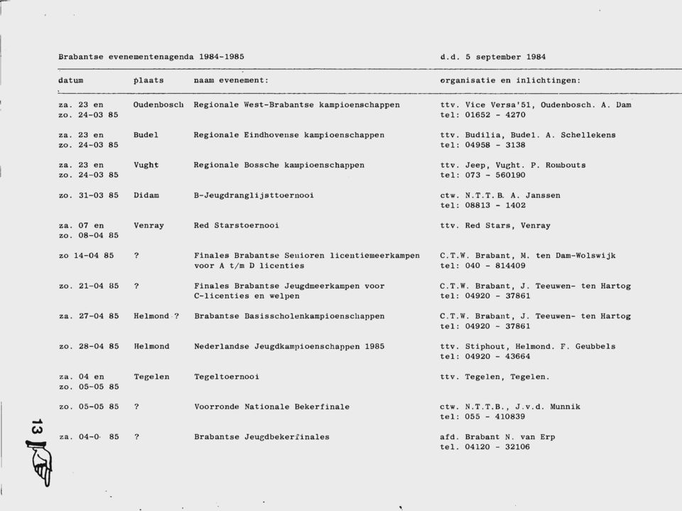 Jeep, Vught. P. Rornbouts tel: 073-560190 zo. 31-03 85 Didam B-Jeugdranglijsttoernooi ctw. N.T.T. B. A. Janssen tel: 08813-1402 za. 07 en zo. 08-04 85 Venray Red Starstoernooi ttv.