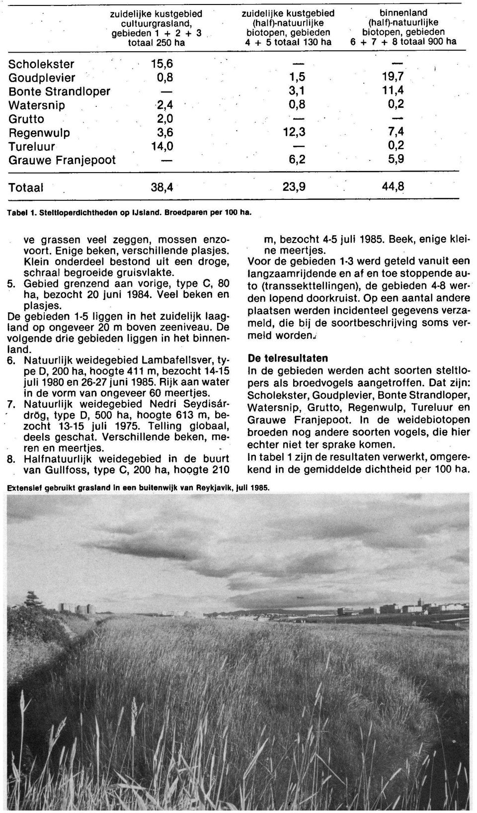 38,4 23,9 44,8 Tabel 1. Steltlerdichth Ijsland. Broedpar per 100 ha. m, bezocht 4-5 juli 1985. Beek, ige klee meertjes.