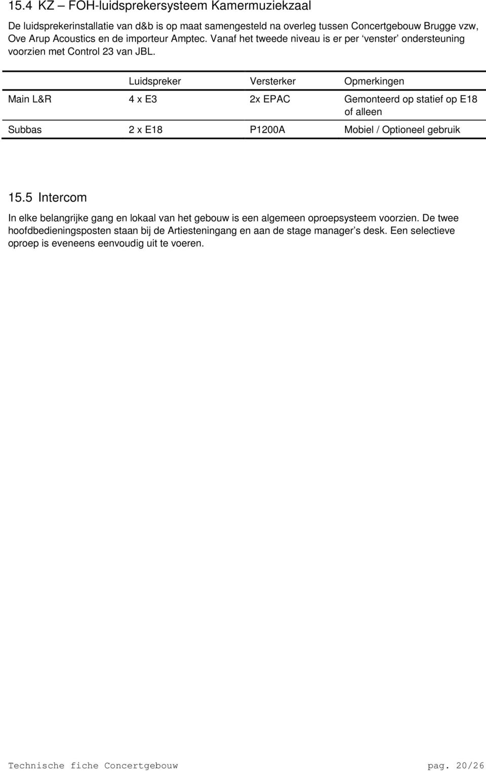 Luidspreker Versterker Opmerkingen Main L&R 4 x E3 2x EPAC Gemonteerd op statief op E18 of alleen Subbas 2 x E18 P1200A Mobiel / Optioneel gebruik 15.