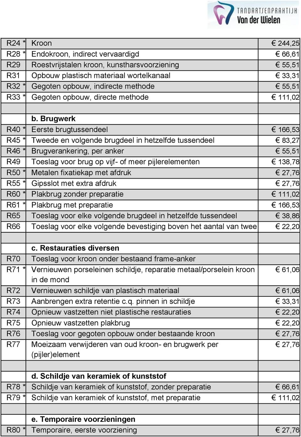 Brugwerk R40 * Eerste brugtussendeel 166,53 R45 * Tweede en volgende brugdeel in hetzelfde tussendeel 83,27 R46 * Brugverankering, per anker 55,51 R49 Toeslag voor brug op vijf- of meer