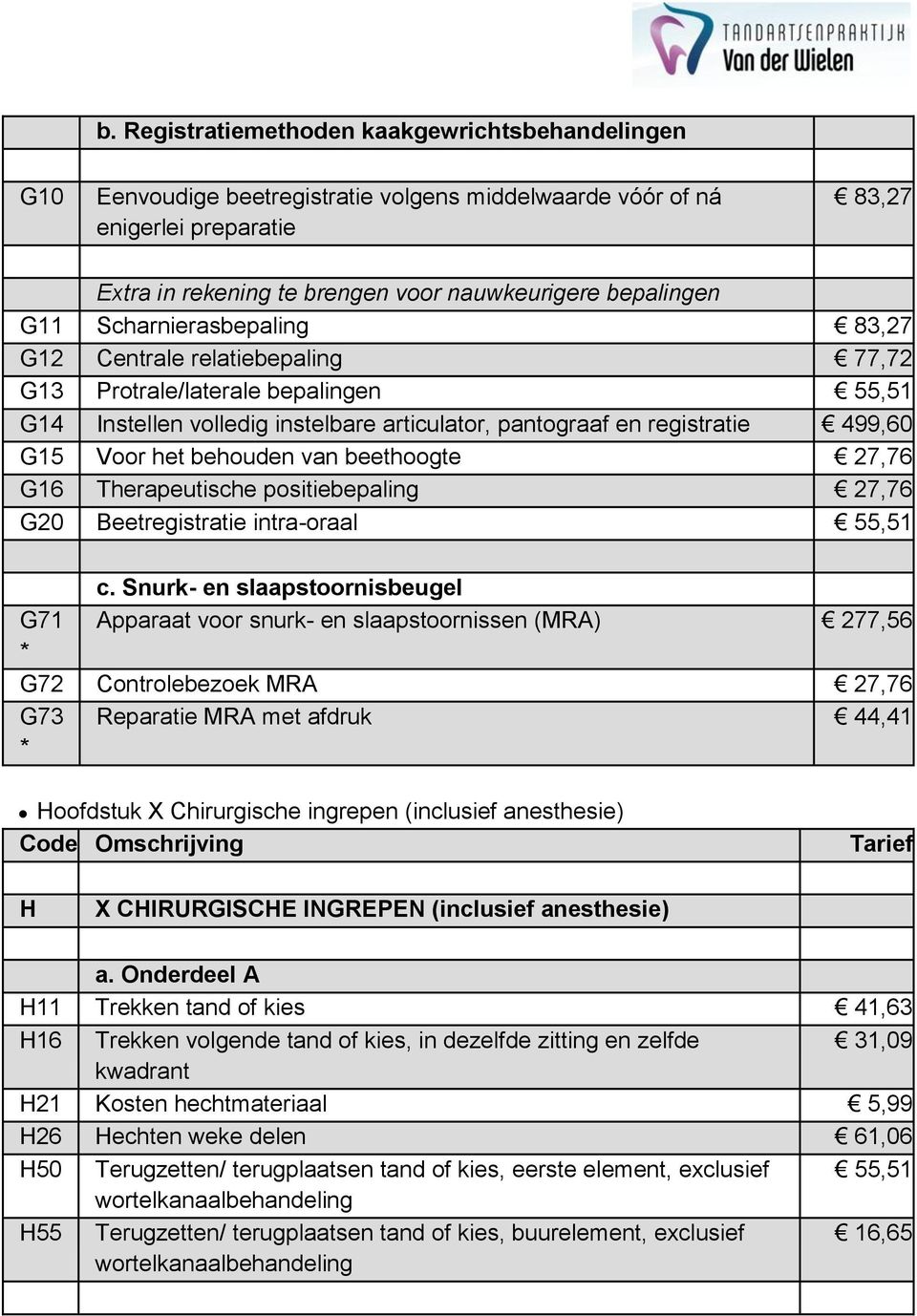 behouden van beethoogte 27,76 G16 Therapeutische positiebepaling 27,76 G20 Beetregistratie intra-oraal 55,51 G71 * c.