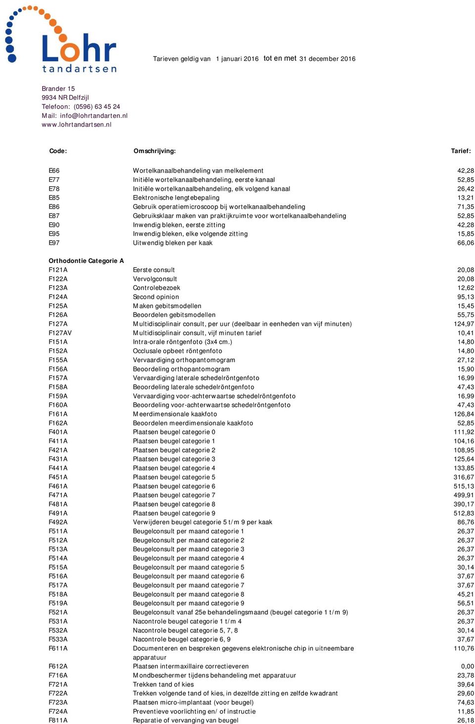 42,28 E95 Inwendig bleken, elke volgende zitting 15,85 E97 Uitwendig bleken per kaak 66,06 Orthodontie Categorie A F121A Eerste consult 20,08 F122A Vervolgconsult 20,08 F123A Controlebezoek 12,62