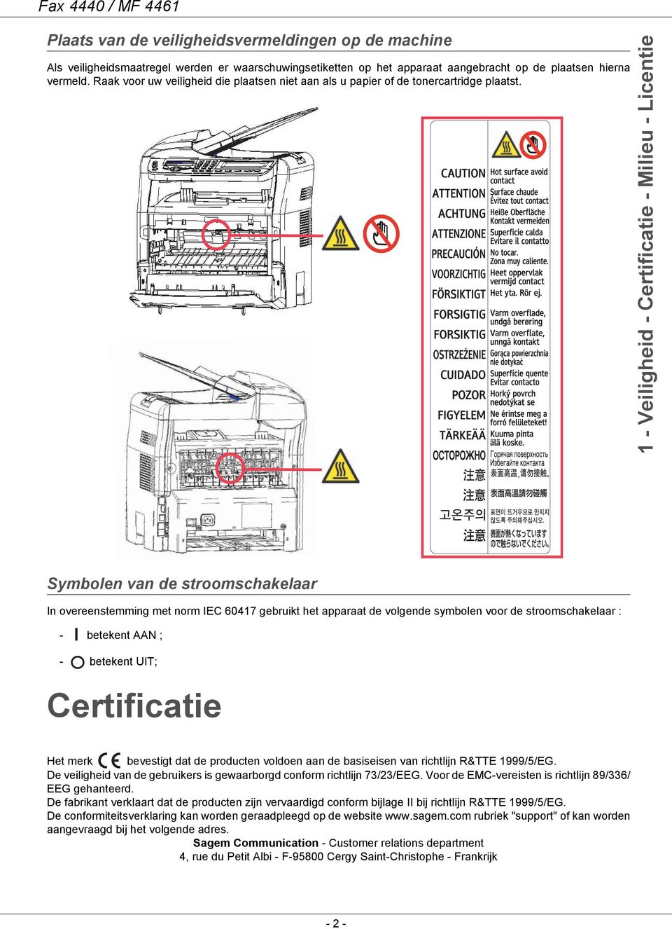 1 - Veiligheid - Certificatie - Milieu - Licentie Symbolen van de stroomschakelaar In overeenstemming met norm IEC 60417 gebruikt het apparaat de volgende symbolen voor de stroomschakelaar : -