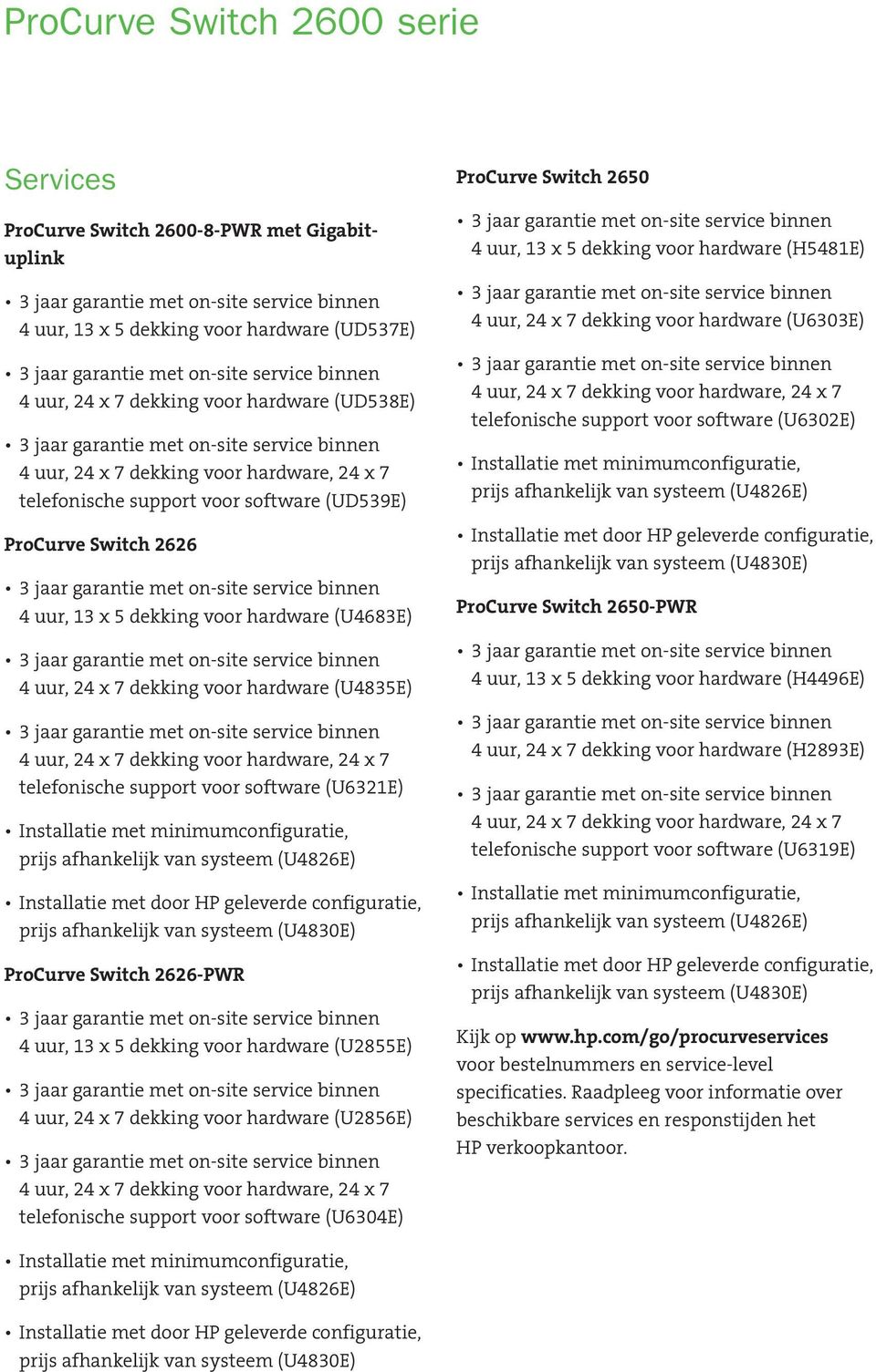 hardware (U2855E) 4 uur, 24 x 7 dekking voor hardware (U2856E) telefonische support voor software (U6304E) ProCurve Switch 2650 4 uur, 13 x 5 dekking voor hardware (H5481E) 4 uur, 24 x 7 dekking voor