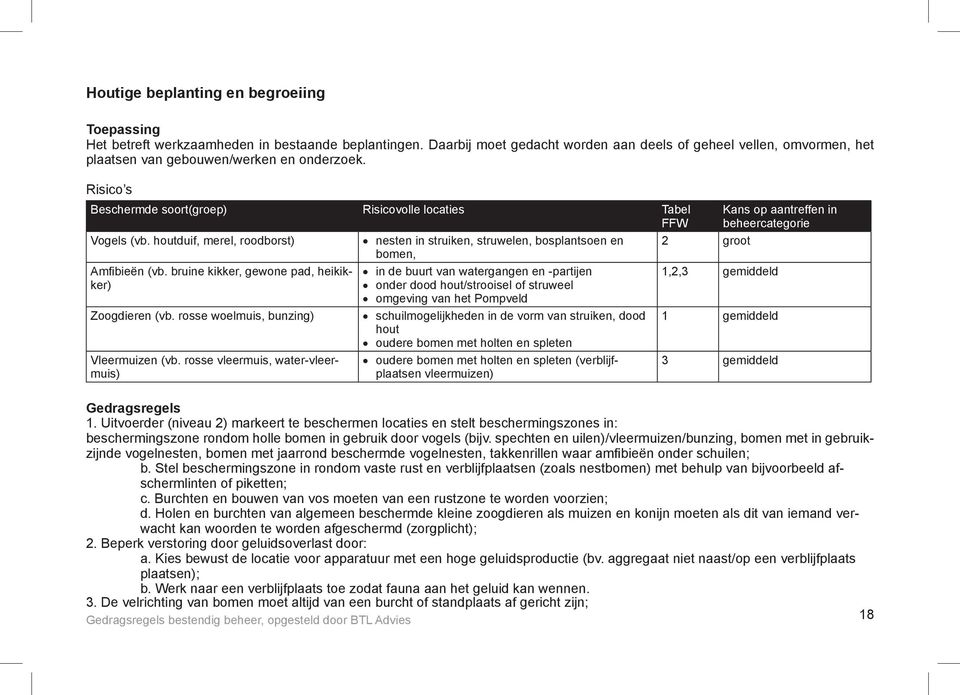Risico s Beschermde soort(groep) Risicovolle locaties Tabel FFW Kans op aantreffen in beheercategorie Vogels (vb.