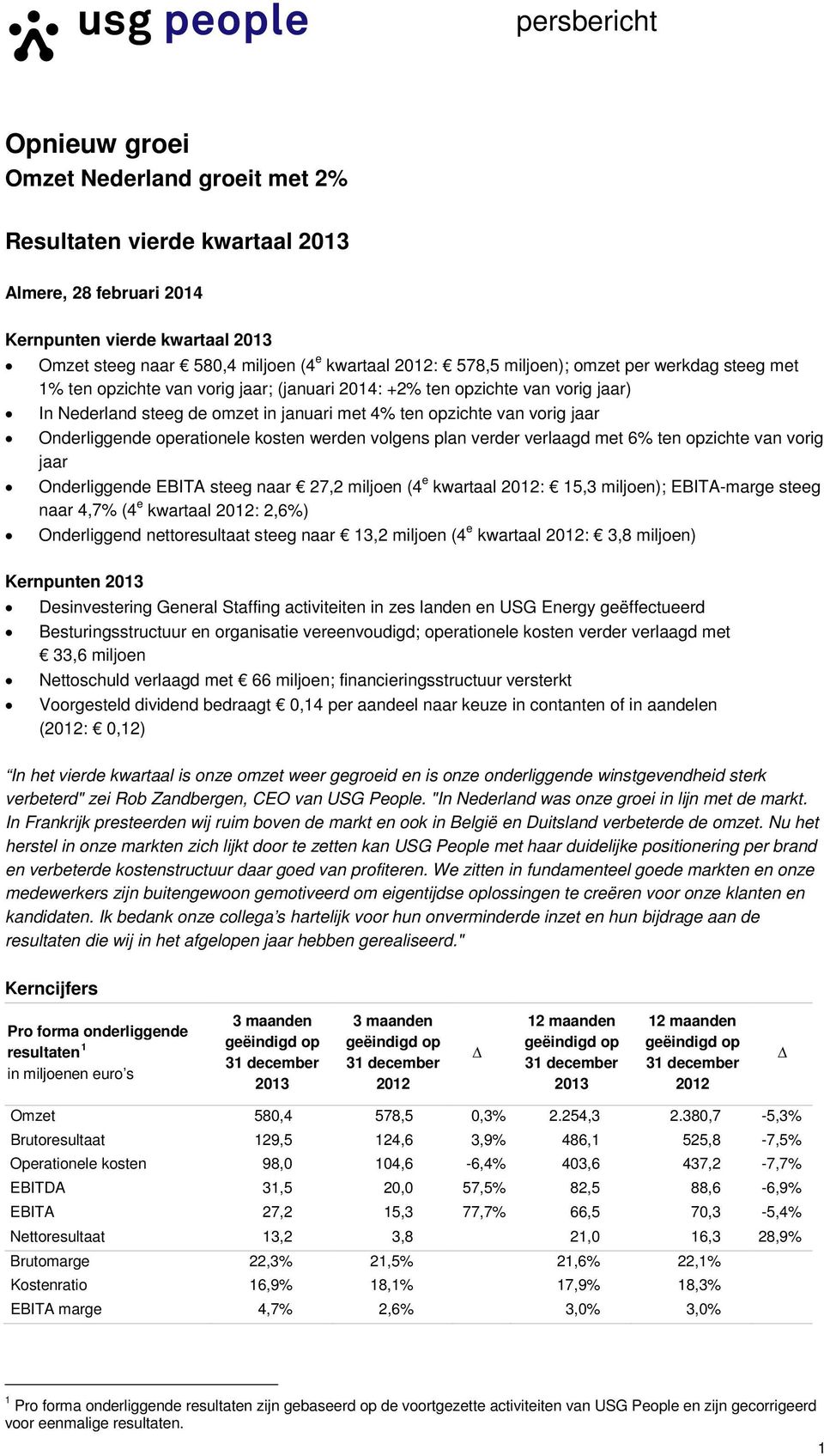 operationele kosten werden volgens plan verder verlaagd met 6% ten opzichte van vorig jaar Onderliggende EBITA steeg naar 27,2 miljoen (4 e kwartaal 2012: 15,3 miljoen); EBITA-marge steeg naar 4,7%