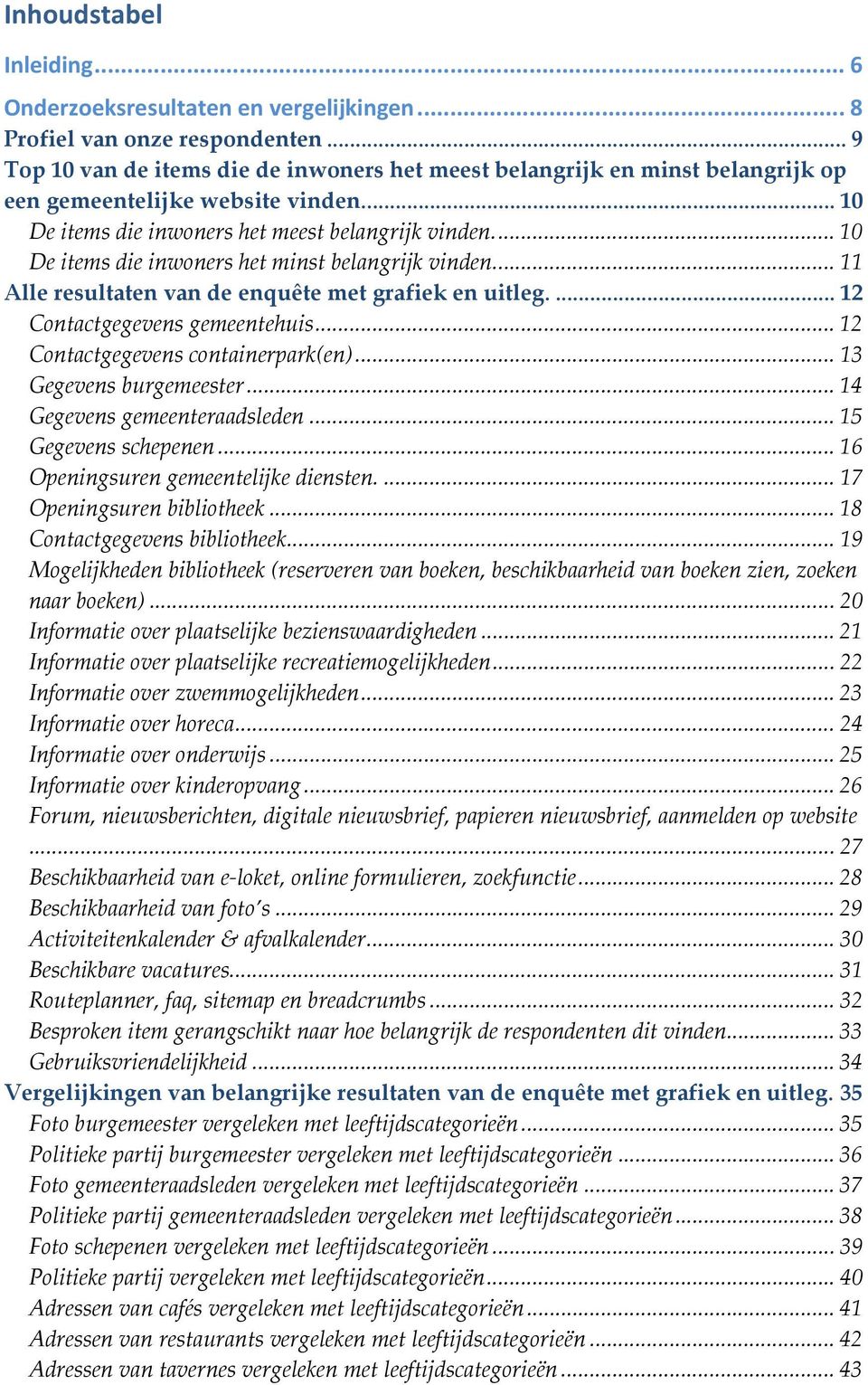 .. 10 De items die inwoners het minst belangrijk vinden... 11 Alle resultaten van de enquête met grafiek en uitleg.... 12 Contactgegevens gemeentehuis... 12 Contactgegevens containerpark(en).