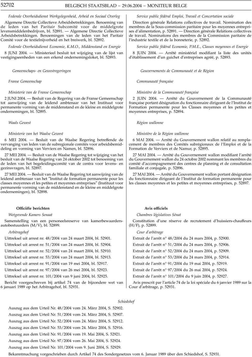 Benoemingen van de leden van het Paritair Comité voor de textielnijverheid en het breiwerk, bl. 52892. Federale Overheidsdienst Economie, K.M.O., Middenstand en Energie 8 JUNI 2004.