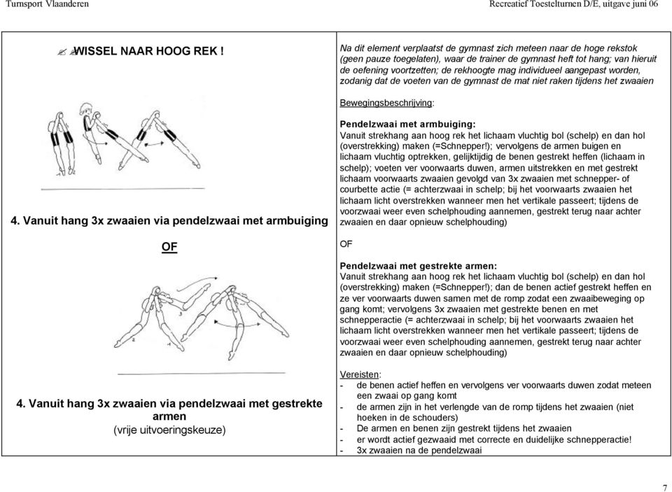 individueel aangepast worden, zodanig dat de voeten van de gymnast de mat niet raken tijdens het zwaaien 4.