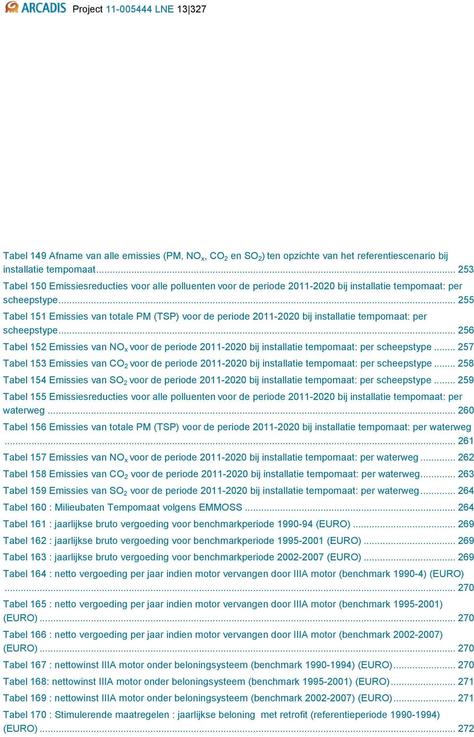 .. 255 Tabel 151 Emissies van totale PM (TSP) voor de periode 2011-2020 bij installatie tempomaat: per scheepstype.