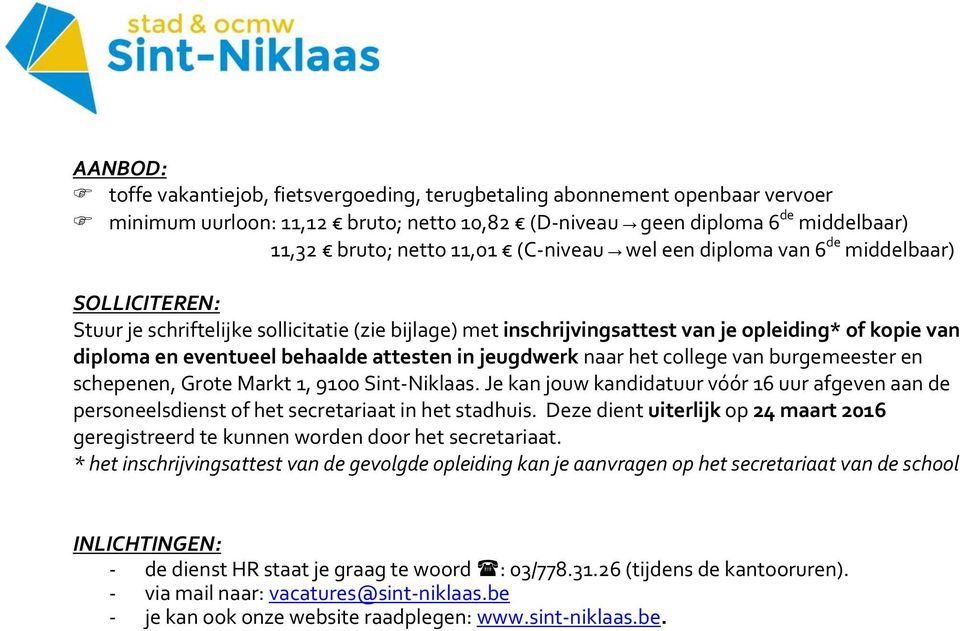 attesten in jeugdwerk naar het college van burgemeester en schepenen, Grote Markt 1, 9100 Sint-Niklaas.