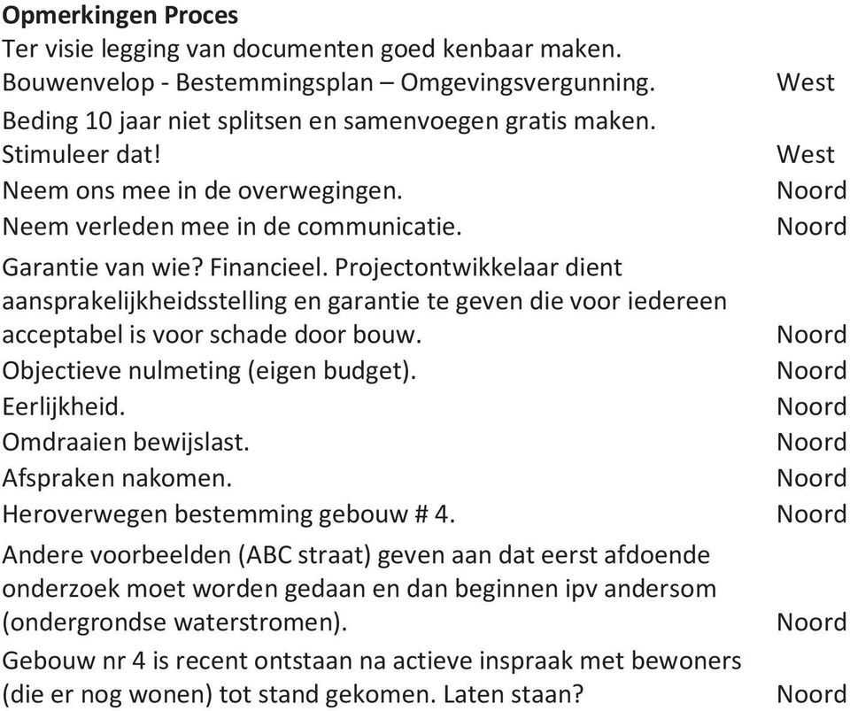 Projectontwikkelaar dient aansprakelijkheidsstelling en garantie te geven die voor iedereen acceptabel is voor schade door bouw. Objectieve nulmeting (eigen budget). Eerlijkheid. Omdraaien bewijslast.