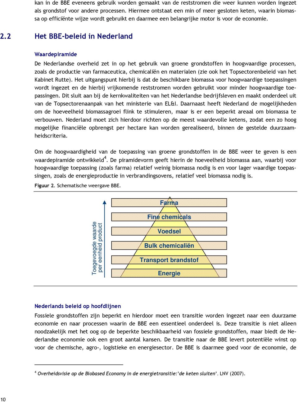 2 Het BBE-beleid in Nederland Waardepiramide De Nederlandse overheid zet in op het gebruik van groene grondstoffen in hoogwaardige processen, zoals de productie van farmaceutica, chemicaliën en