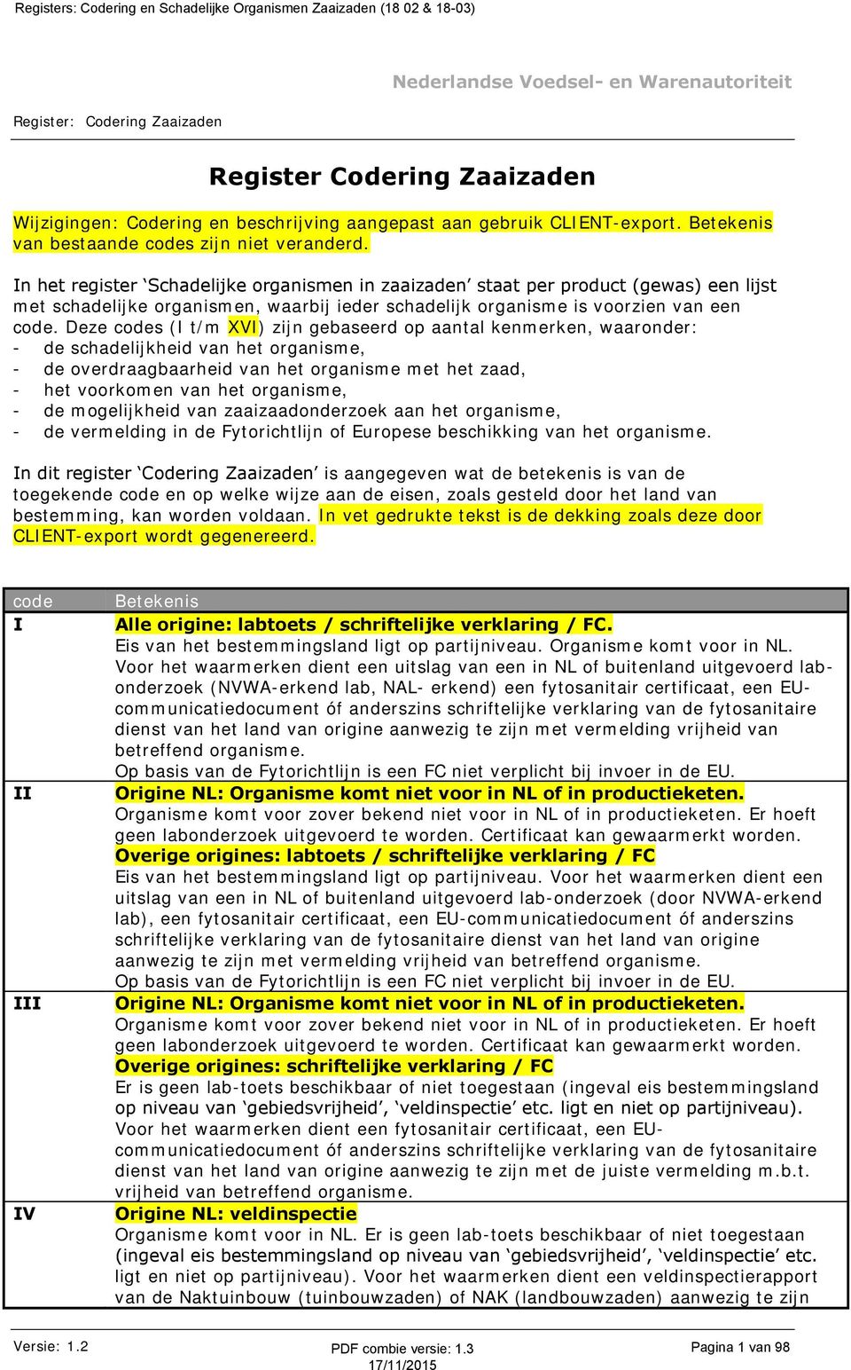 Deze codes (I t/m XVI) zijn gebaseerd op aantal kenmerken, waaronder: - de schadelijkheid van het organisme, - de overdraagbaarheid van het organisme met het zaad, - het voorkomen van het organisme,