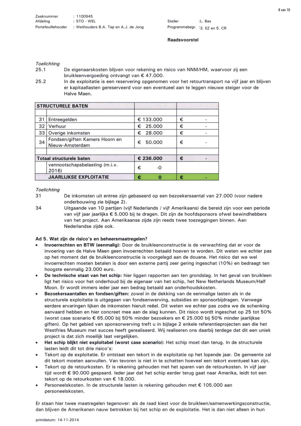 In de exploitatie is een reservering opgenomen voor het retourtransport na vijf jaar en blijven er kapitaallasten gereserveerd voor een eventueel aan te leggen nieuwe steiger voor de Halve Maen.