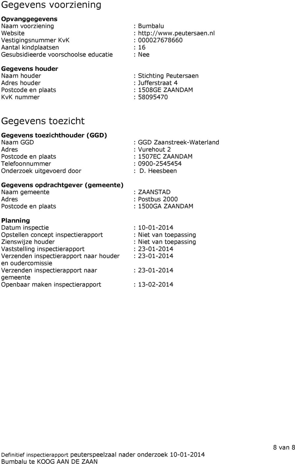 plaats : 1508GE ZAANDAM KvK nummer : 58095470 Gegevens toezicht Gegevens toezichthouder (GGD) Naam GGD : GGD Zaanstreek-Waterland Adres : Vurehout 2 Postcode en plaats : 1507EC ZAANDAM Telefoonnummer