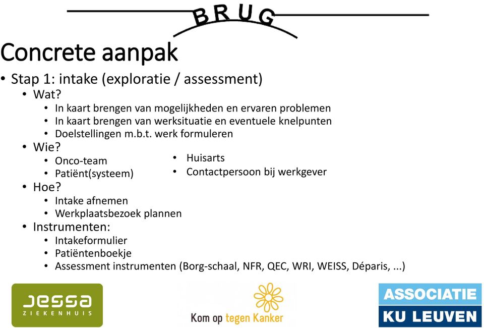 knelpunten Doelstellingen m.b.t. werk formuleren Wie? Onco-team Patiënt(systeem) Hoe?