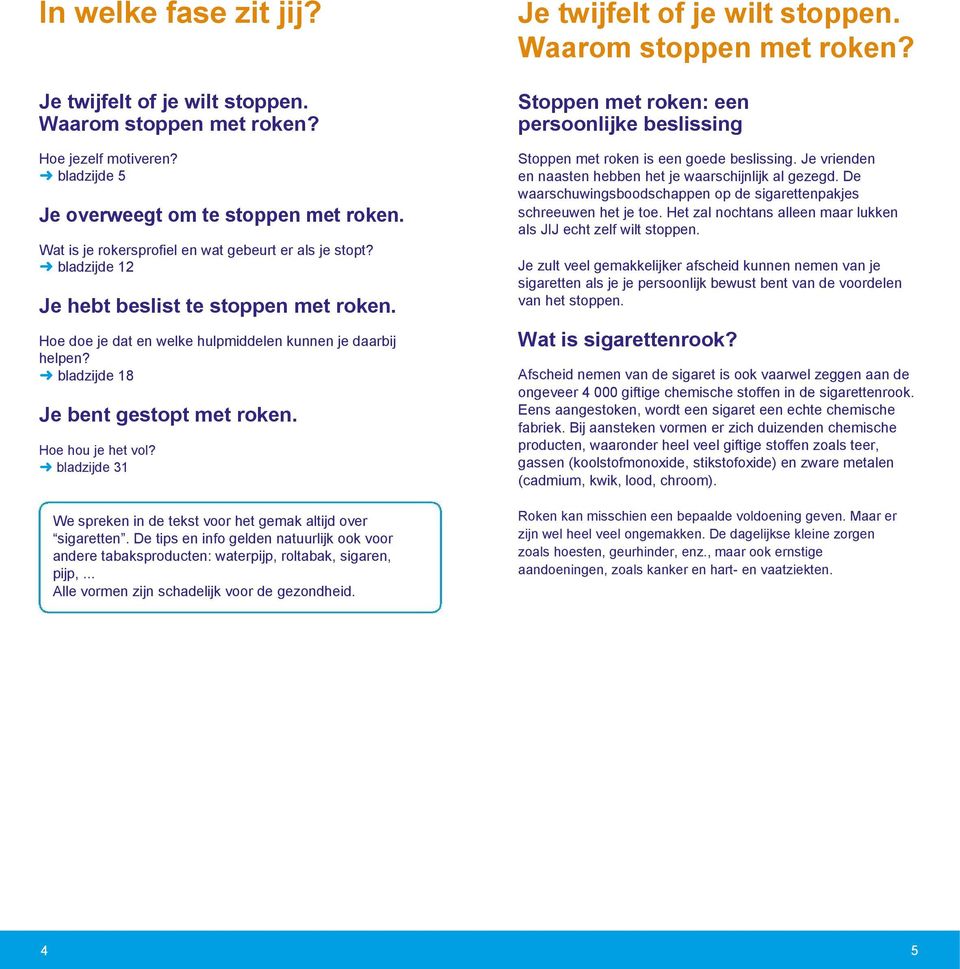 bladzijde 18 Je bent gestopt met roken. Hoe hou je het vol? bladzijde 31 We spreken in de tekst voor het gemak altijd over sigaretten.