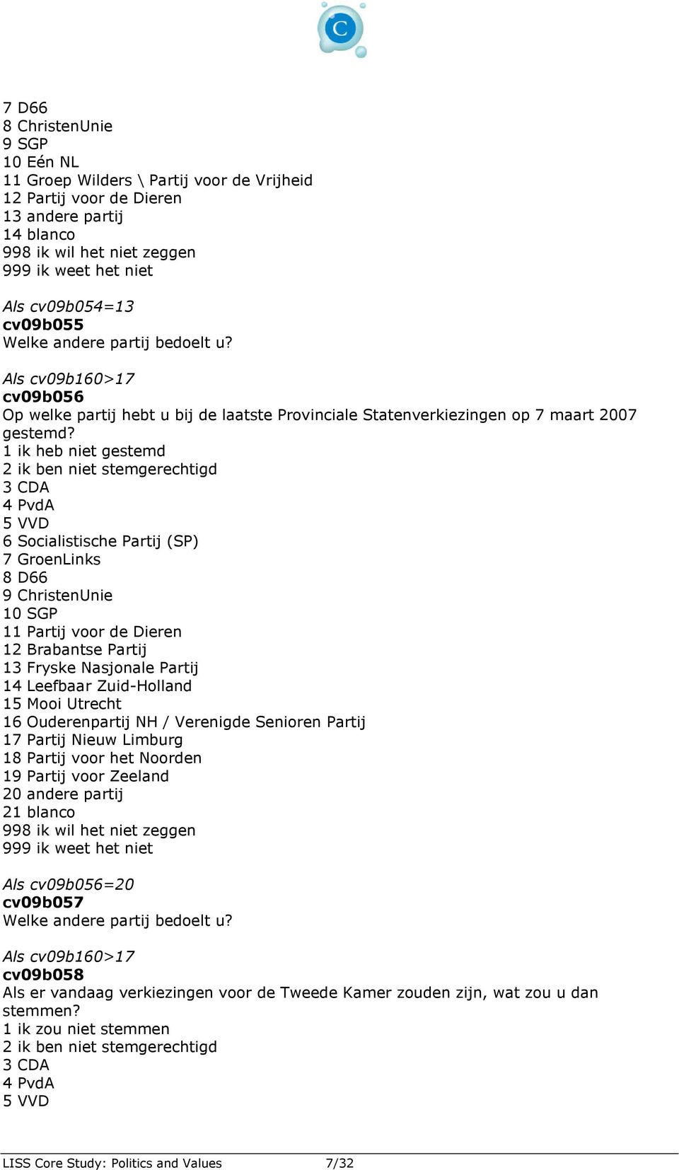 1 ik heb niet gestemd 2 ik ben niet stemgerechtigd 3 CDA 4 PvdA 5 VVD 6 Socialistische Partij (SP) 7 GroenLinks 8 D66 9 ChristenUnie 10 SGP 11 Partij voor de Dieren 12 Brabantse Partij 13 Fryske